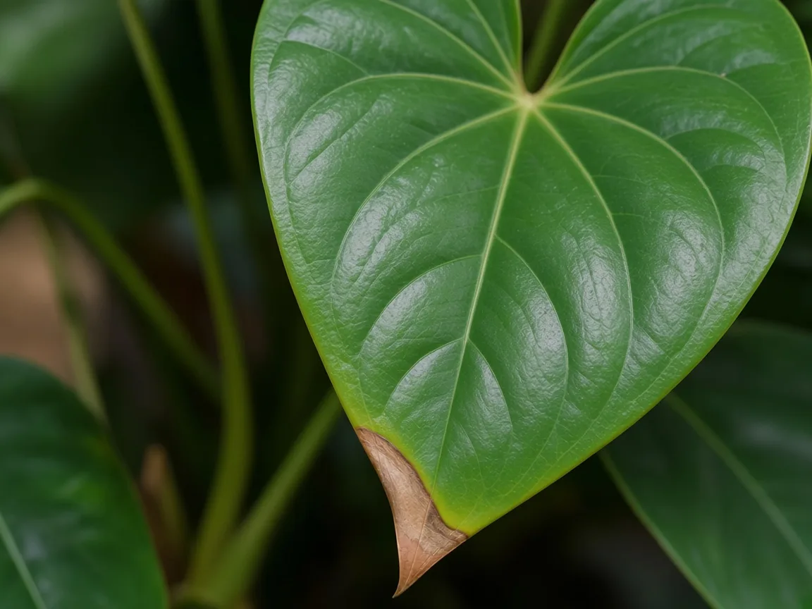 Close-up of brown necrosis on Anthurium cordate leaf