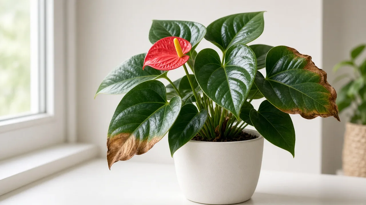 Brown Leaves on Anthurium - necrotic tissue on cordate foliage and spathe