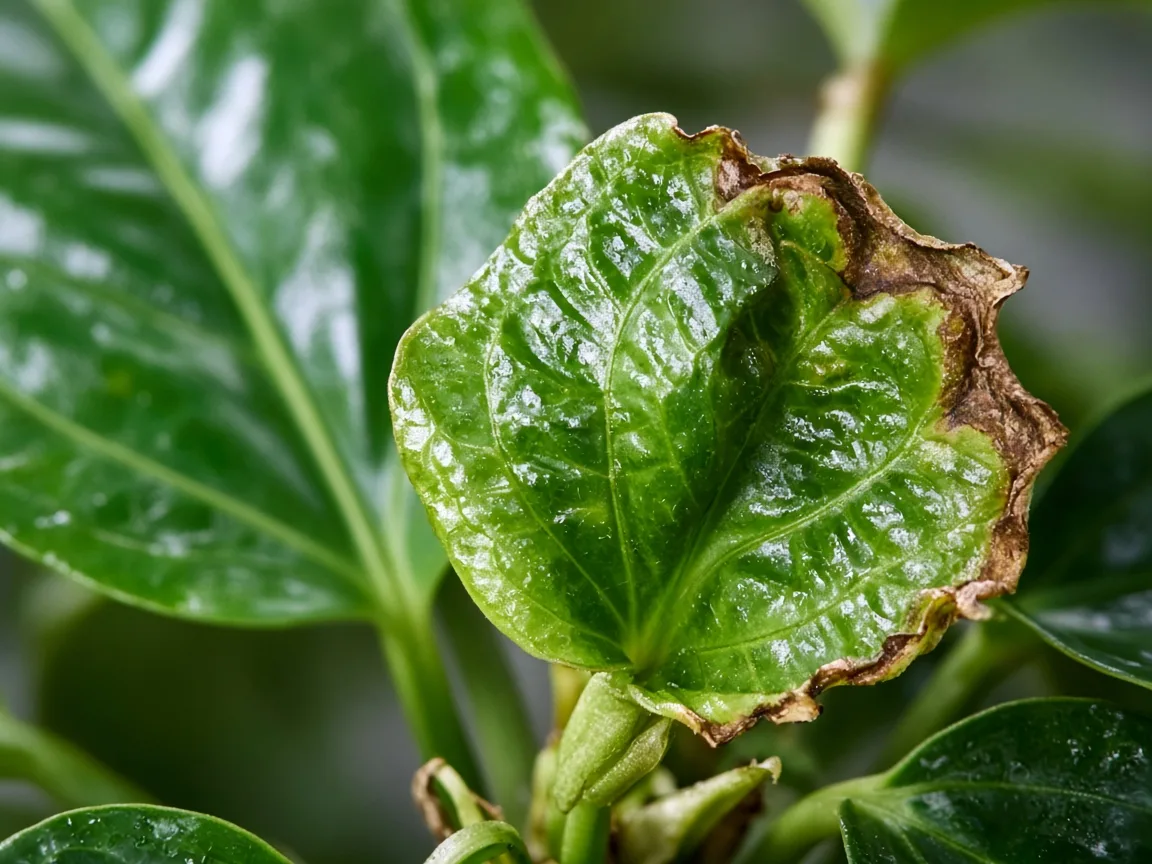 Close-up of calcium deficiency on anthurium - cupped margin on newest expanding heart leaf
