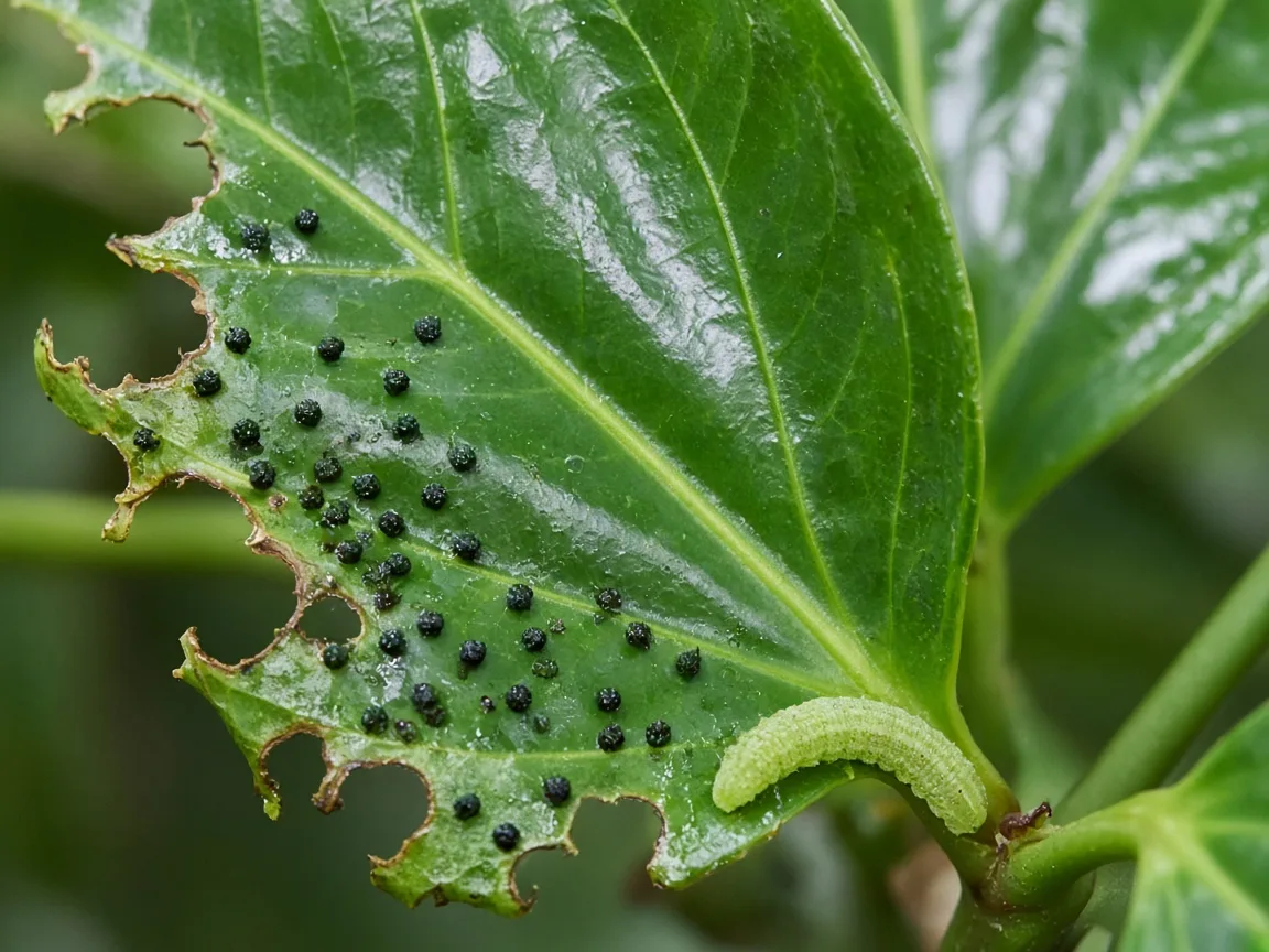 Close-up of caterpillar chew damage on Anthurium heart-shaped leaves