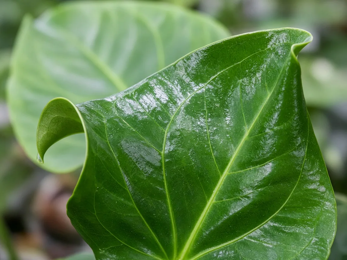 Close-up of curling leaves on Anthurium - cupped glossy heart-shaped blade