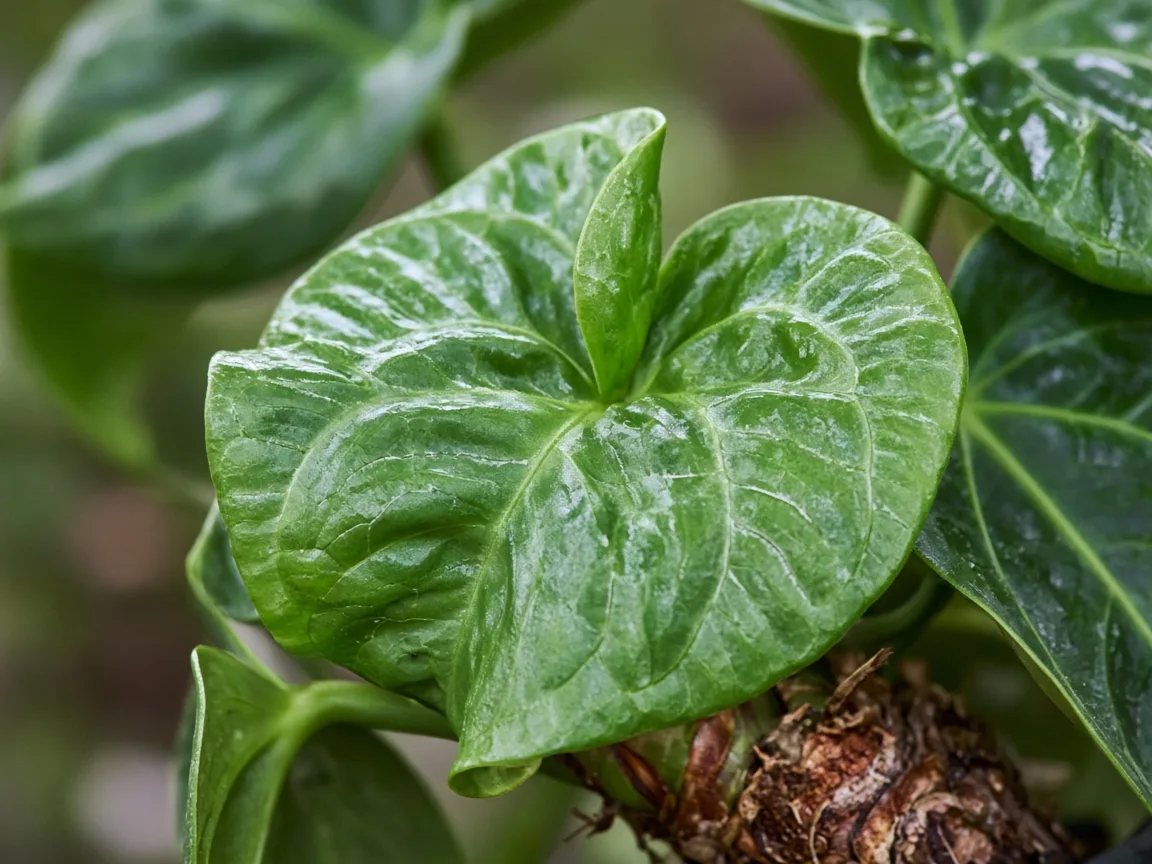 Close-up of distorted leaves on Anthurium — crinkled unfurling cordate blade at the crown