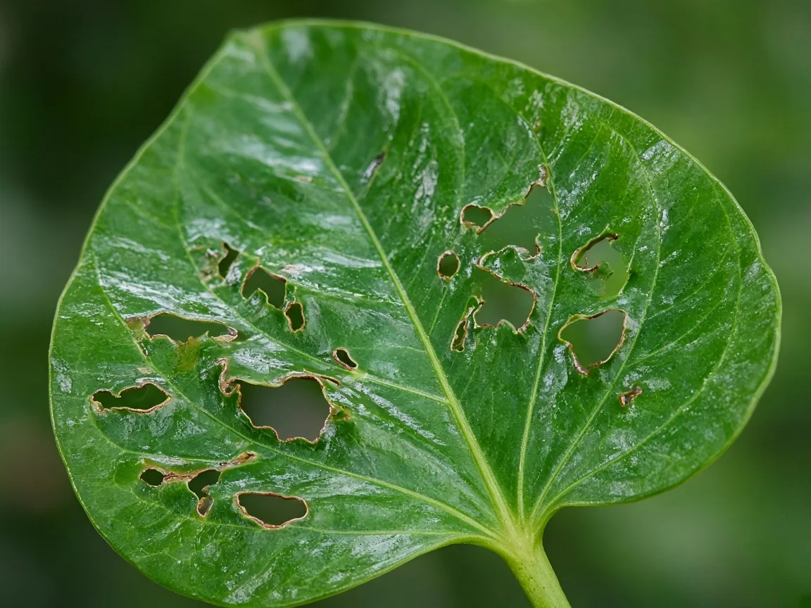 Close-up of holes in leaves on Anthurium - irregular rasp and chew damage on glossy heart-shaped foliage near a petiole base