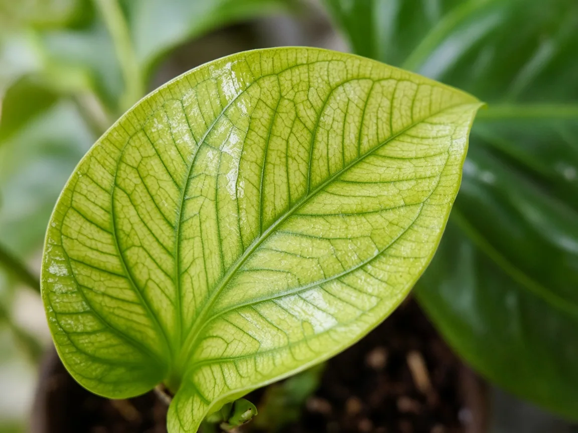 Close-up of interveinal chlorosis on new anthurium heart-shaped crown leaf