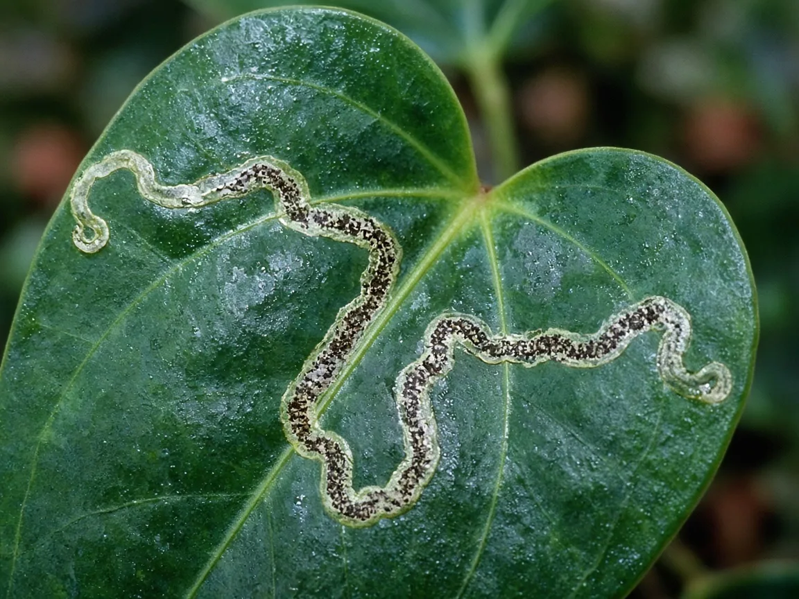 Close-up of a pale serpentine leaf miner tunnel inside a glossy Anthurium heart-shaped leaf