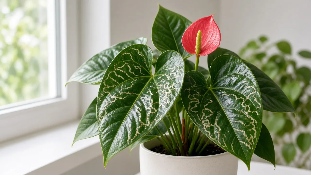 Leaf miners on Anthurium - pale serpentine tunnels winding through glossy heart-shaped leaves