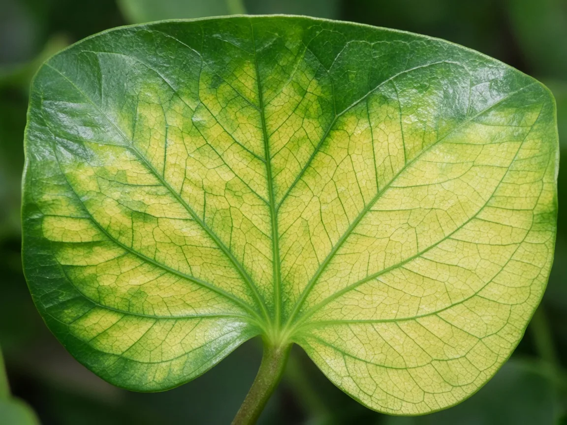 Close-up of magnesium deficiency on anthurium - interveinal chlorosis on older heart-shaped leaf