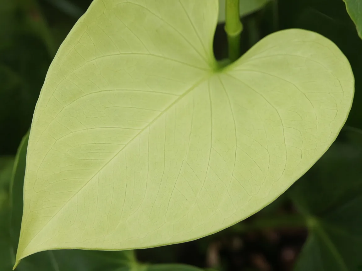 Close-up of nitrogen deficiency on anthurium - uniform pale chlorosis on lower heart leaf