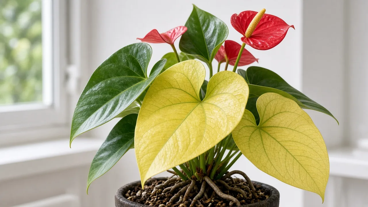 Nitrogen deficiency on anthurium - pale lower heart-shaped leaves with small spathes