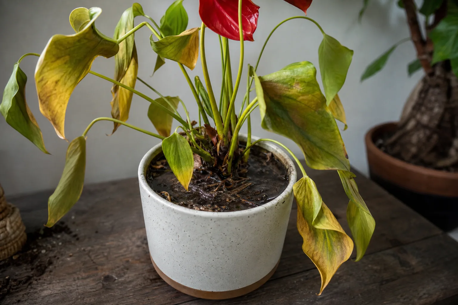 Overwatering on Anthurium - visible symptom on the plant