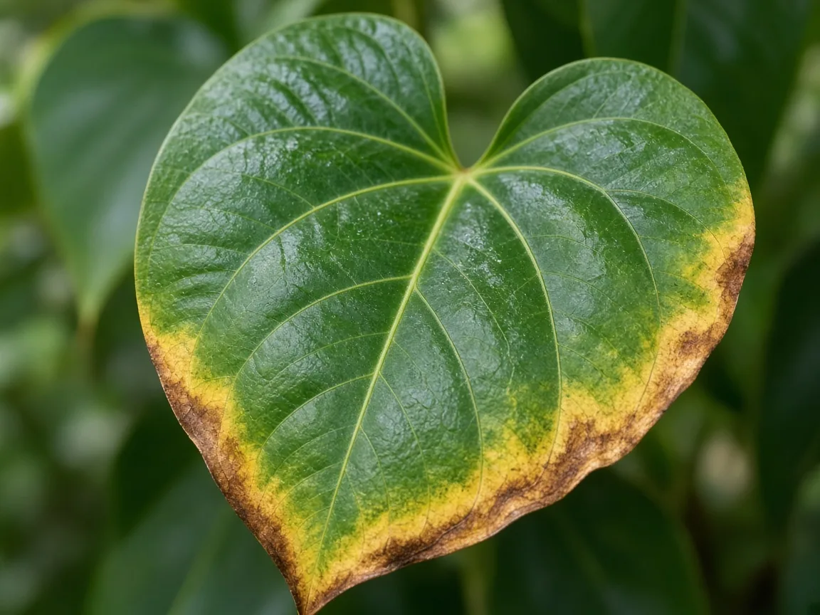 Close-up of scorched margin on older anthurium heart-shaped leaf