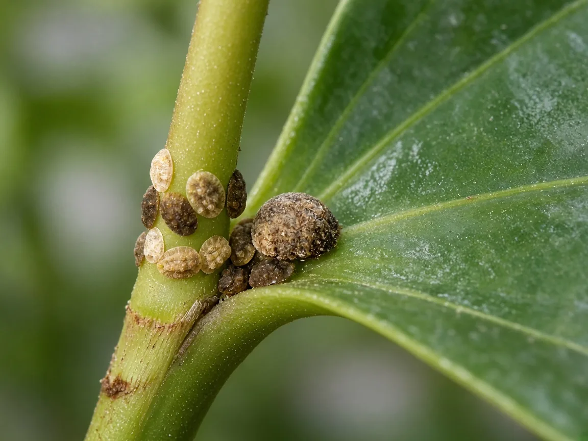 Close-up of tan scale insect bumps on an Anthurium petiole base