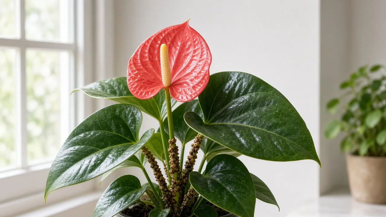Scale insects on Anthurium - tan bumps along petiole bases and spathe stalk