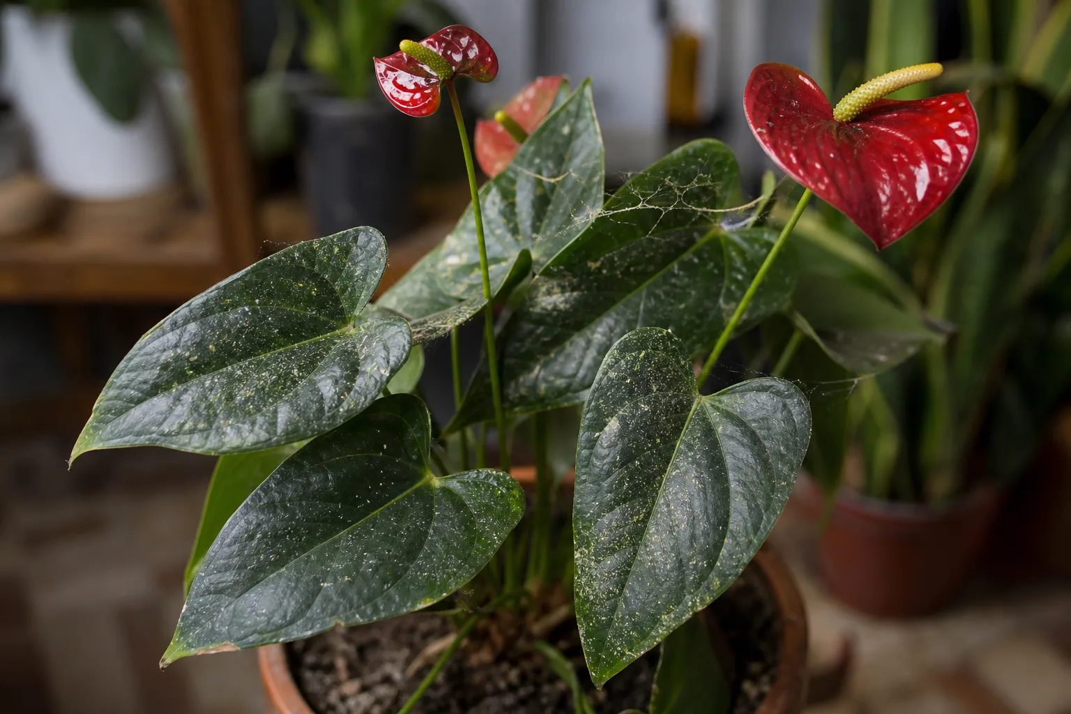 Spider Mites on Anthurium - visible symptom on the plant