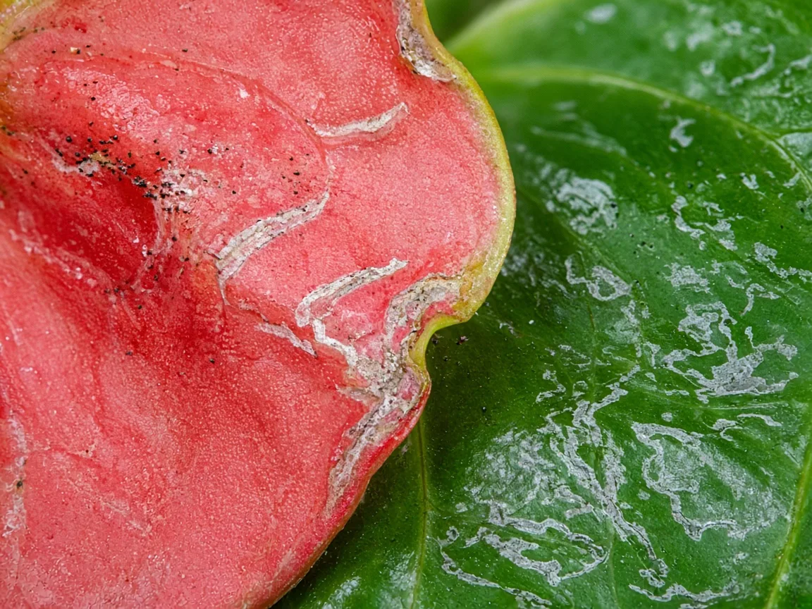 Close-up of silvery thrips damage on waxy Anthurium spathe and heart-shaped leaf with tiny black frass specks
