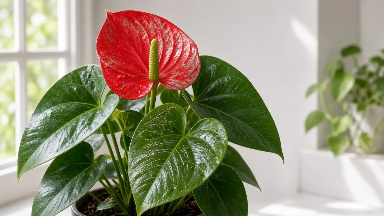 Thrips on Anthurium - silvery streaks on waxy spathe and heart-shaped leaf