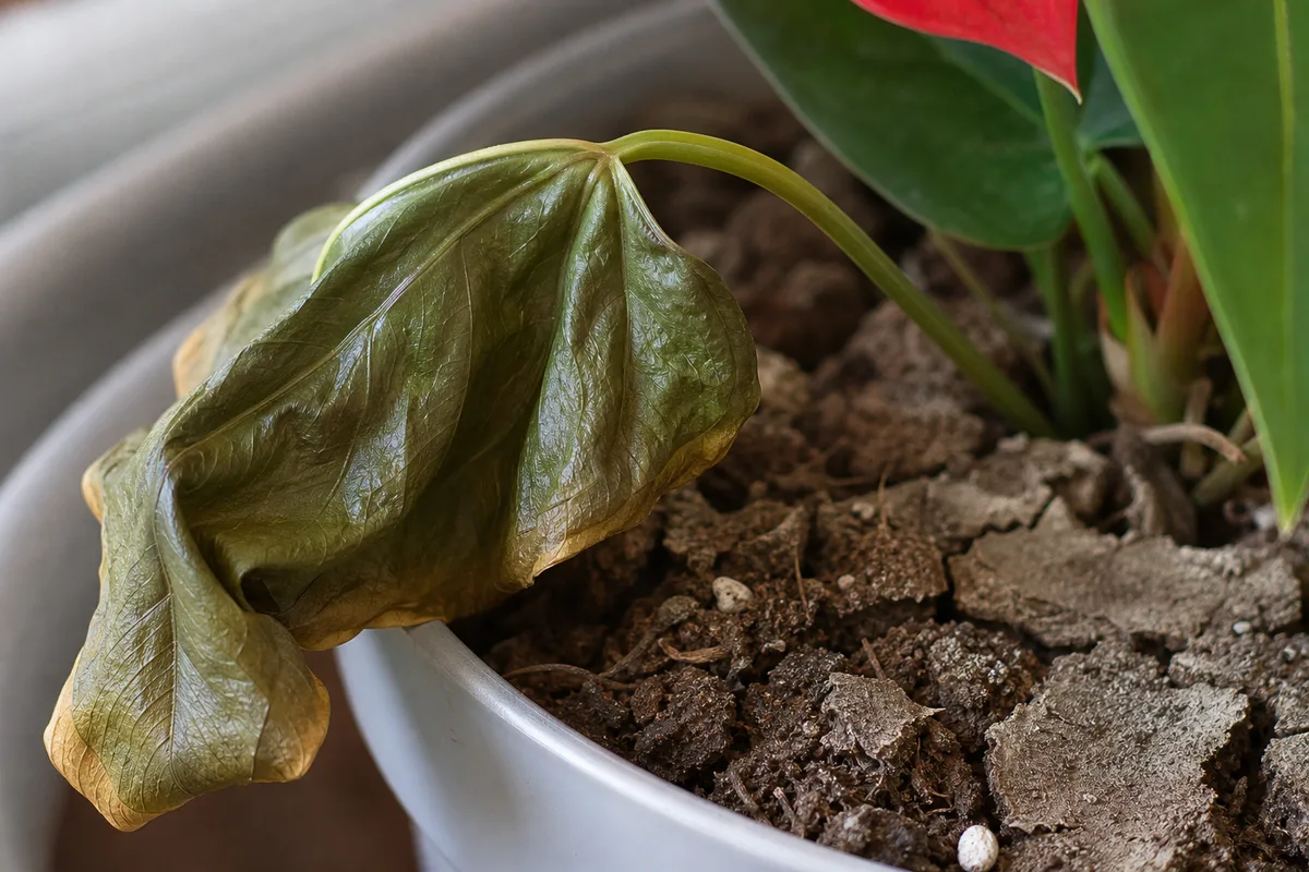Close-up of Underwatering on Anthurium - diagnostic detail