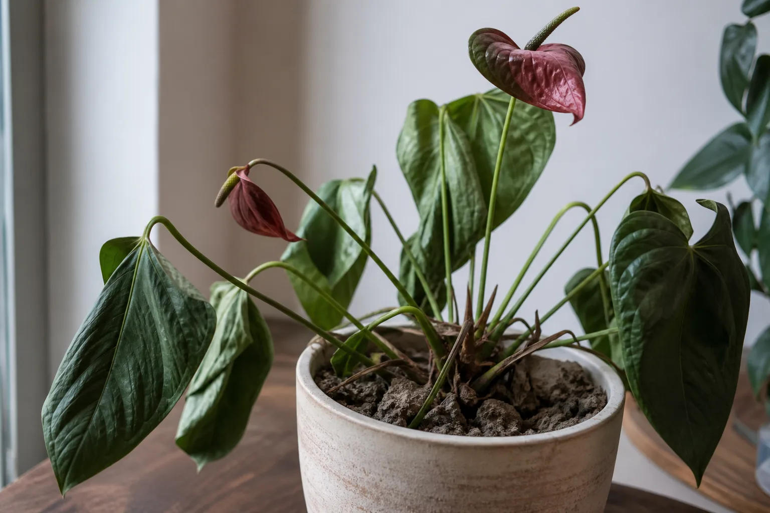 Underwatering on Anthurium - visible symptom on the plant