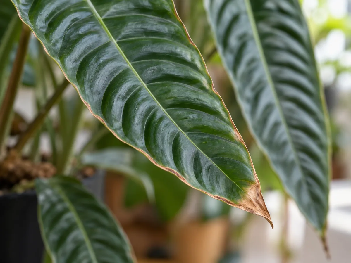 Mild brown leaf tip on the rippled foliage of an Anthurium veitchii