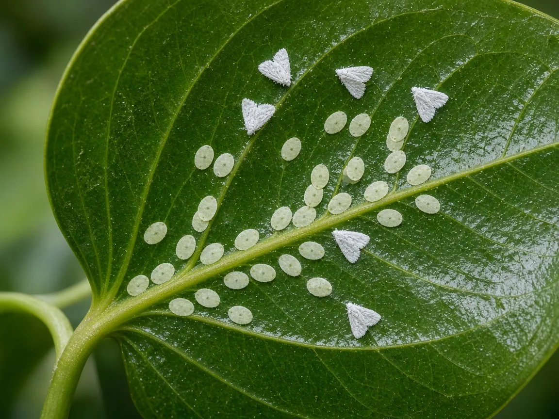 Close-up of whitefly nymphs and adults on Anthurium leaf undersides
