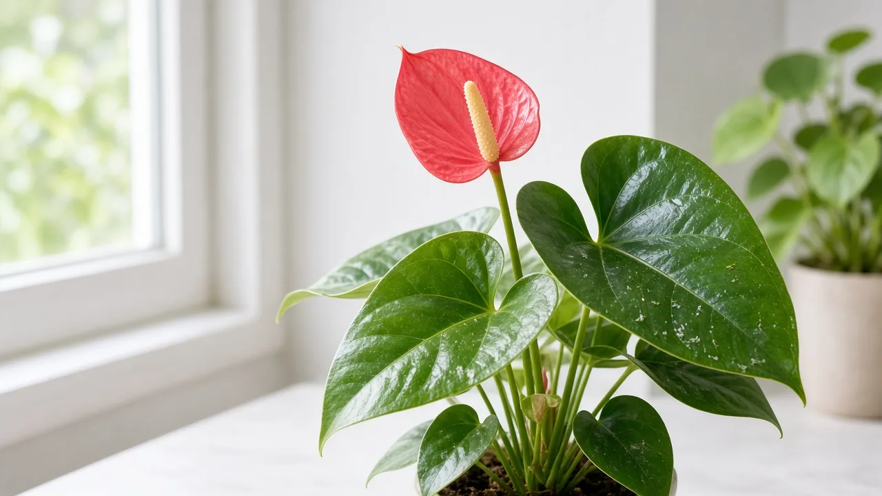 Whiteflies on Anthurium - powdery adults and nymphs on heart-shaped leaf undersides