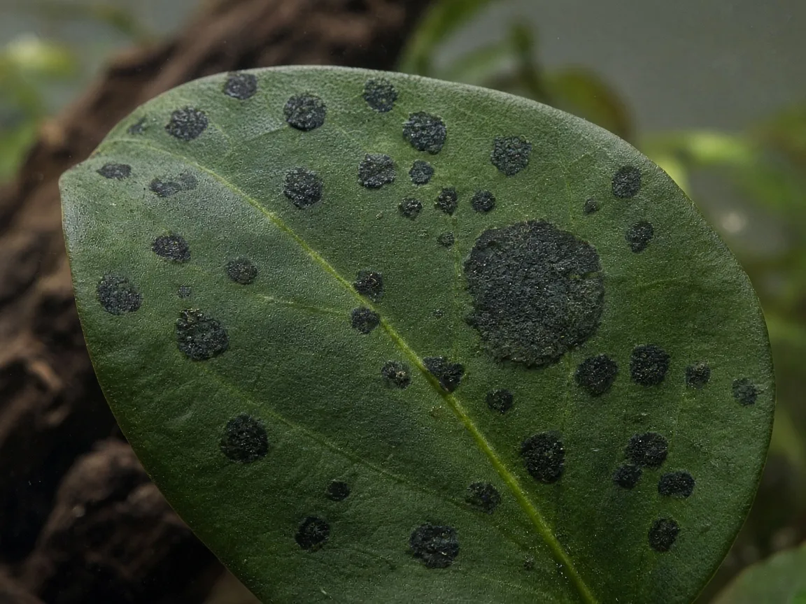 Close-up of Black Spots on Anubias - diagnostic detail