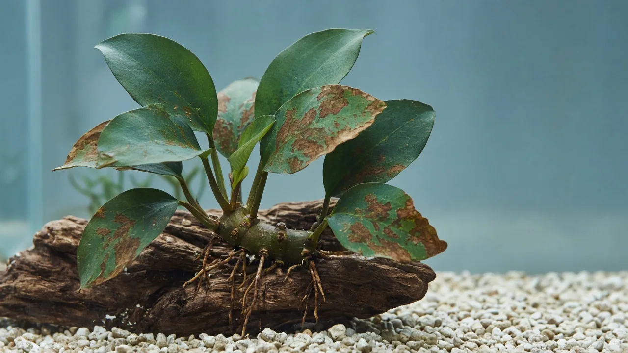 Brown Leaves on Anubias - brown patches and edge discoloration on aquarium foliage attached to driftwood