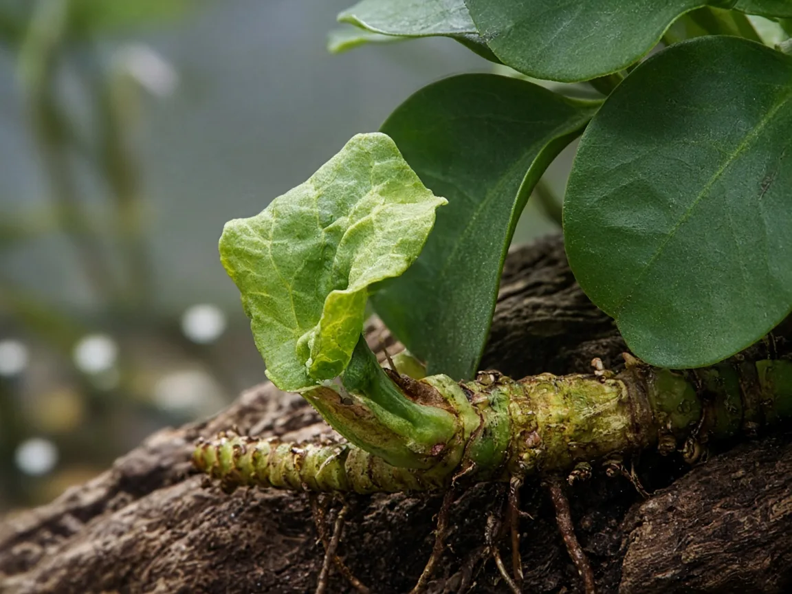 Close-up of calcium deficiency on Anubias - cupped crinkled new leaf at rhizome tip