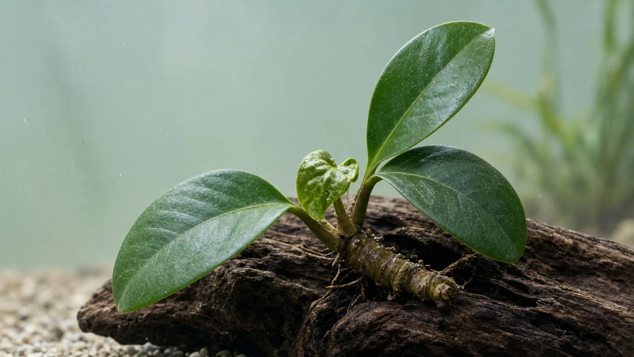 Calcium deficiency on Anubias - twisted cupped new leaf at rhizome tip on aquarium driftwood