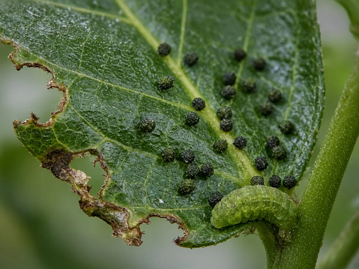 Close-up of caterpillar chew damage on Anubias emergent leaves