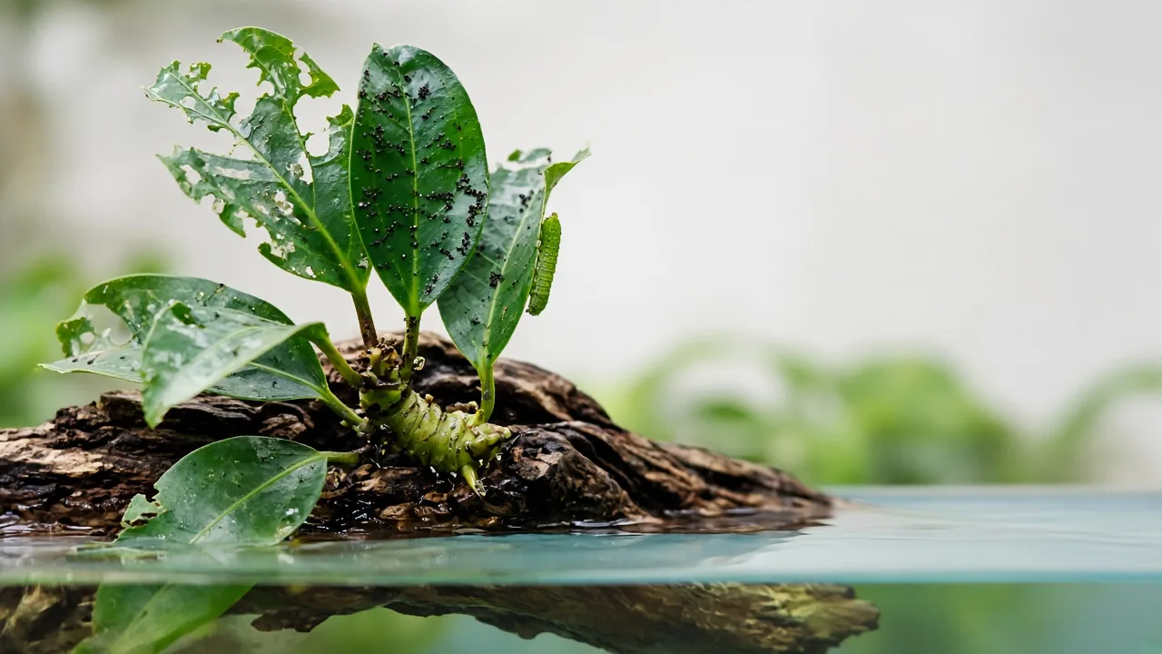 Caterpillars on Anubias - ragged chew on emergent leaves with frass