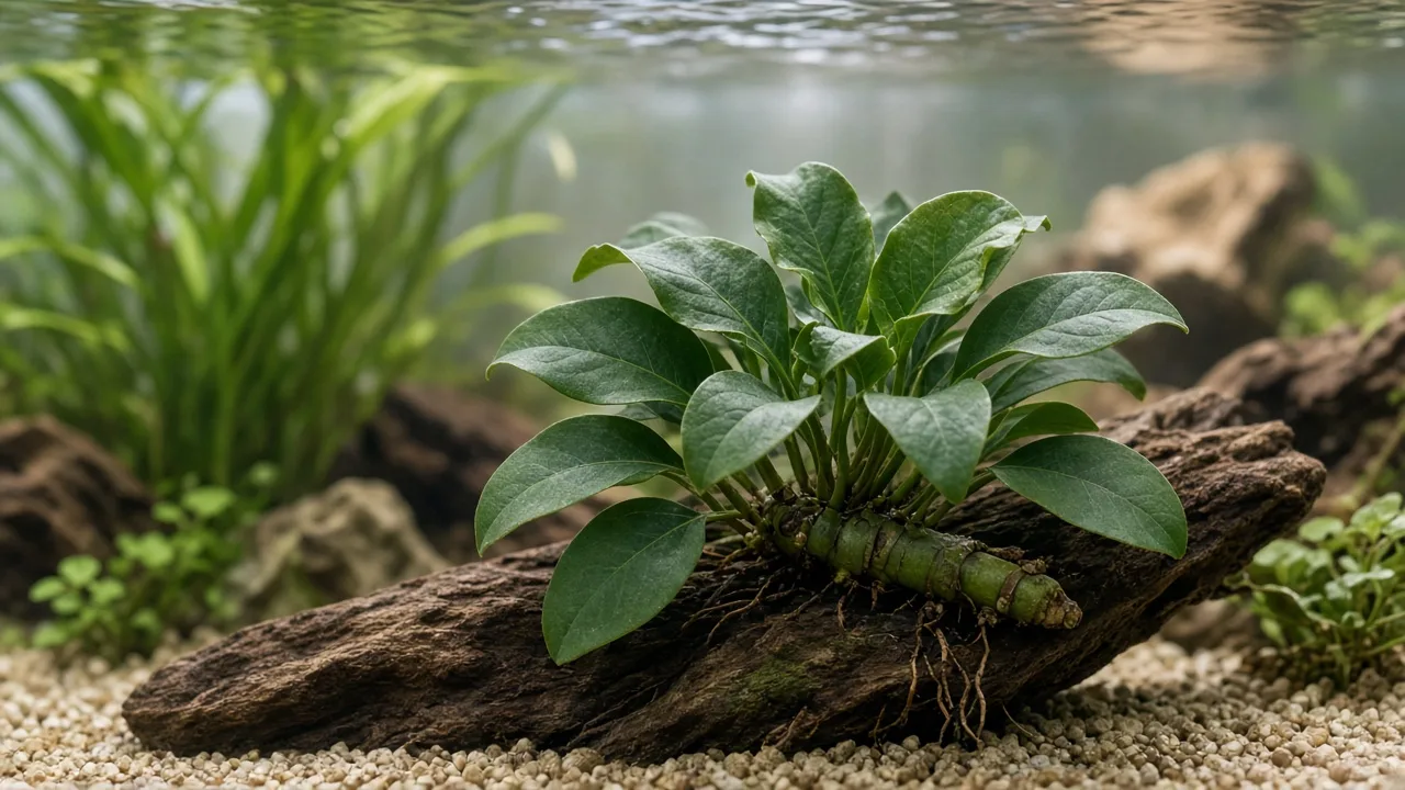 Curling leaves on Anubias - cupped submersed leaves on a rhizome attached to aquarium driftwood