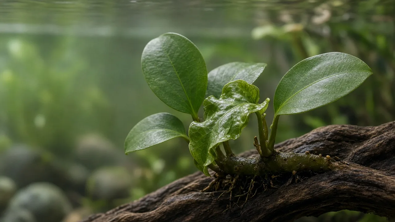Distorted leaves on Anubias - crinkled twisted new leaf at rhizome tip on aquarium driftwood