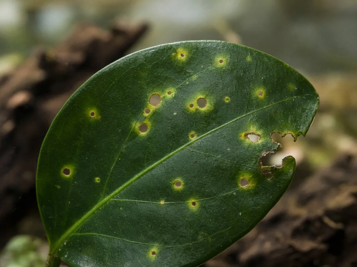 Close-up of holes in leaves on Anubias — pinholes and chewed margin on dark green leaf