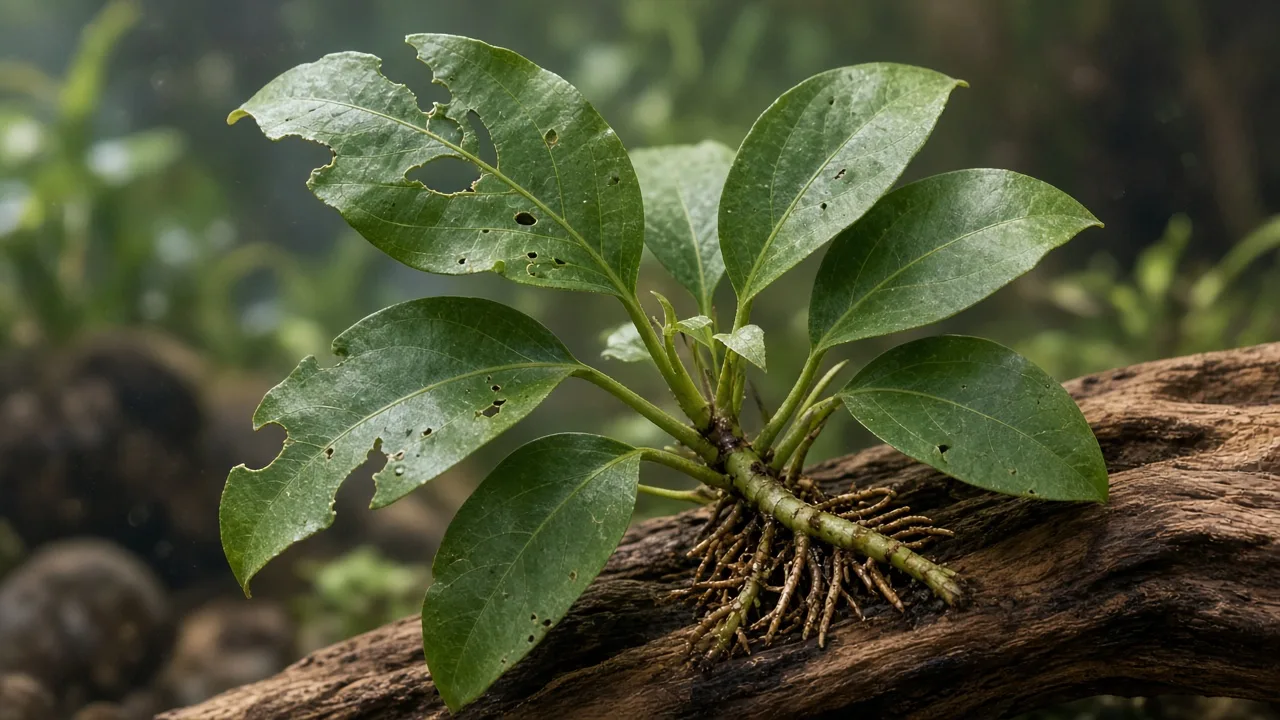 Holes in leaves on Anubias - chewed and pinholed foliage on rhizome attached to driftwood in an aquarium