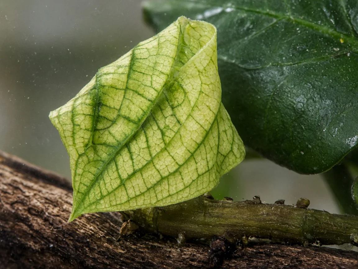 Close-up of iron deficiency on Anubias - interveinal chlorosis on new leaf with green veins at rhizome tip