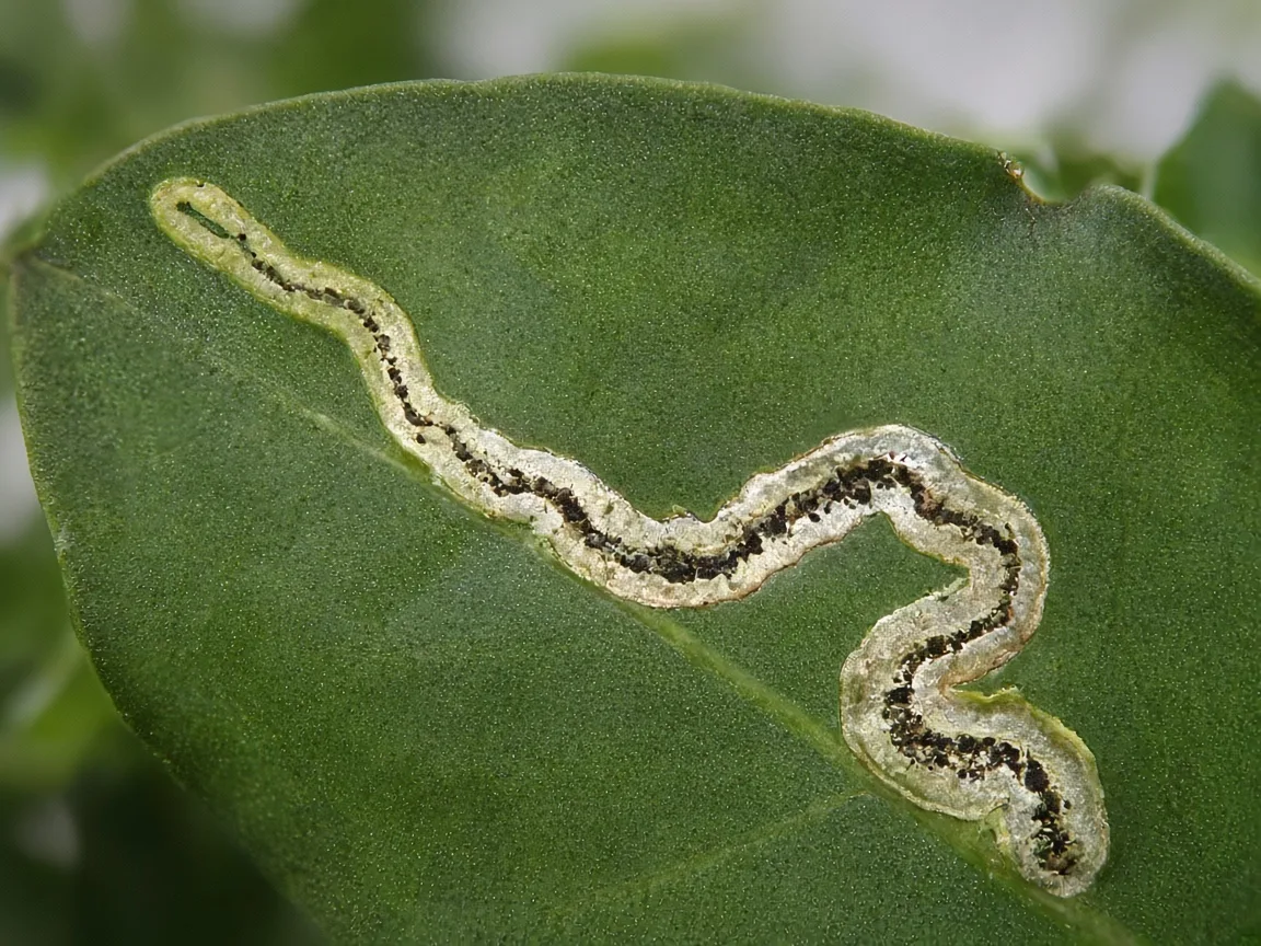 Close-up of leaf miner serpentine tunnel inside emergent Anubias leaf