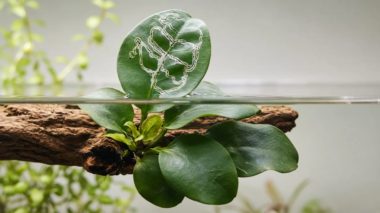 Leaf miners on Anubias - pale serpentine tunnels visible inside emergent leaves above aquarium water