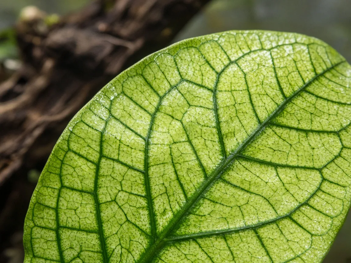 Close-up of magnesium deficiency on Anubias - interveinal yellowing on older thick leaf with dark green veins