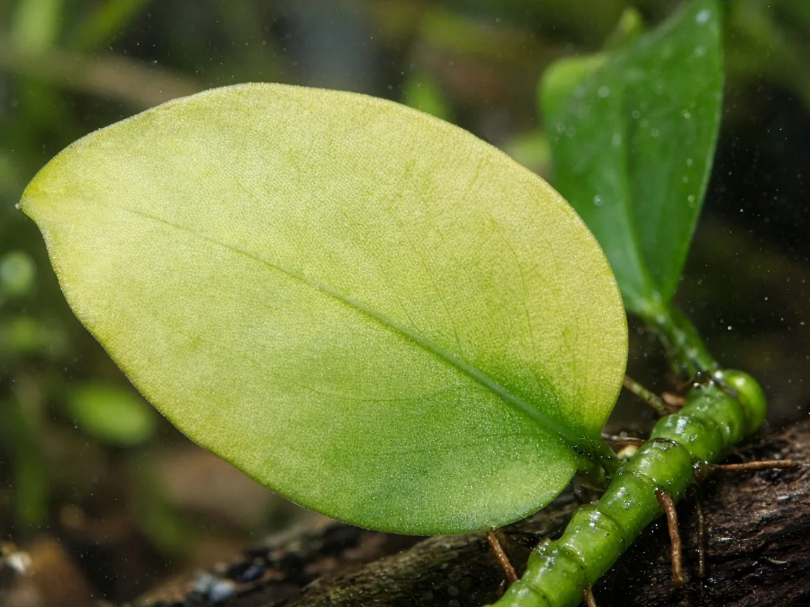 Close-up of nitrogen deficiency on Anubias - pale yellow-green oldest leaf along rhizome