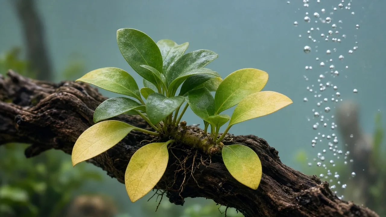 Nitrogen deficiency on Anubias - oldest leaves pale yellow-green along rhizome in aquarium