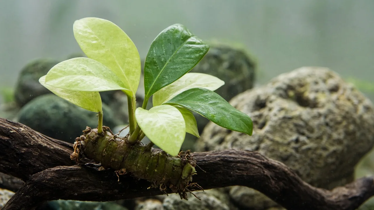Pale leaves on Anubias - washed-out light green foliage on a rhizome attached to aquarium driftwood