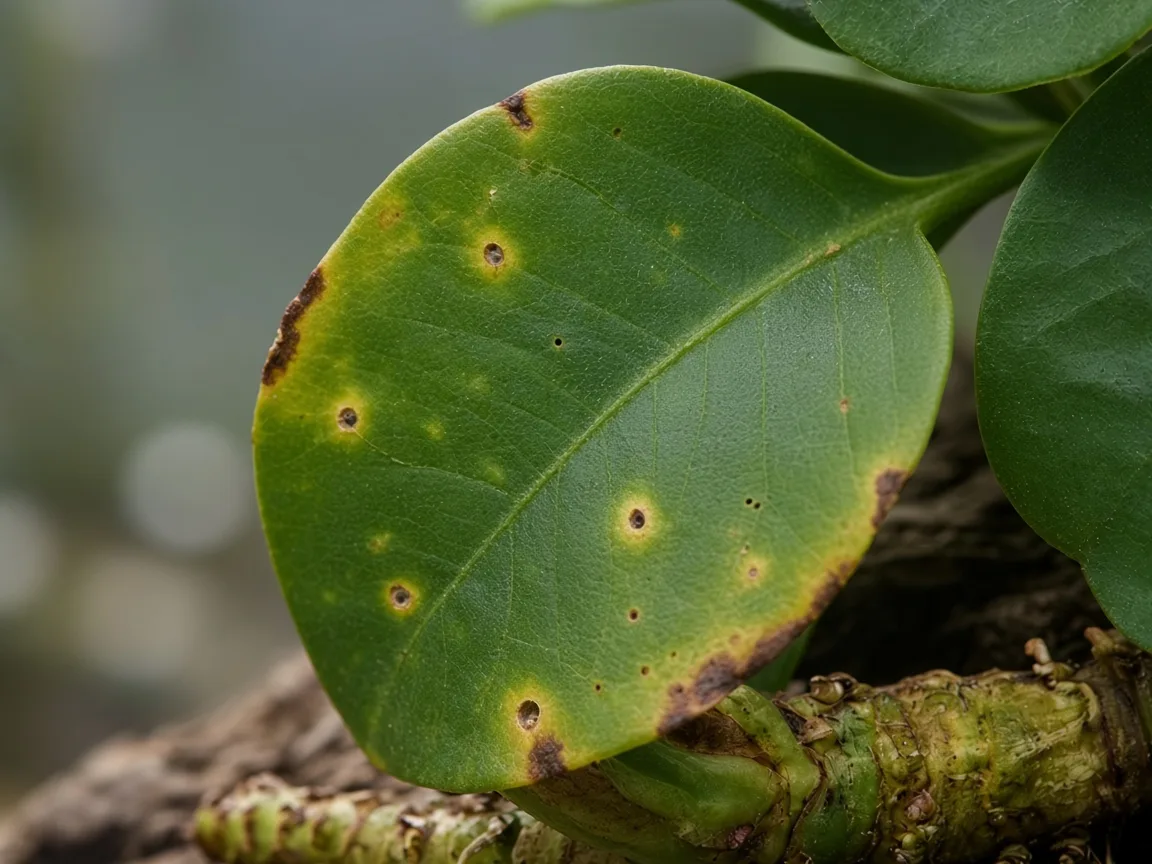 Close-up of potassium deficiency on Anubias - pinholes and yellow-bordered perforations on an older leathery leaf
