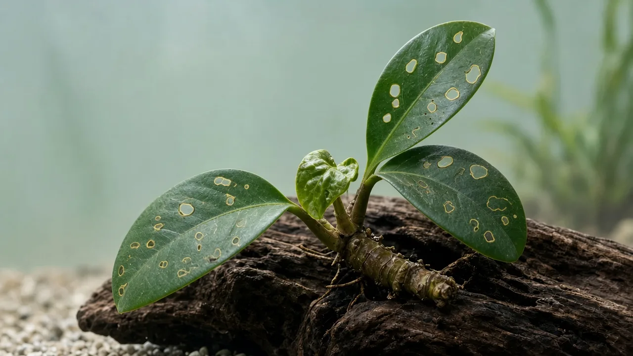 Potassium deficiency on Anubias - pinholes and yellow-bordered perforations on older leathery leaves attached to driftwood
