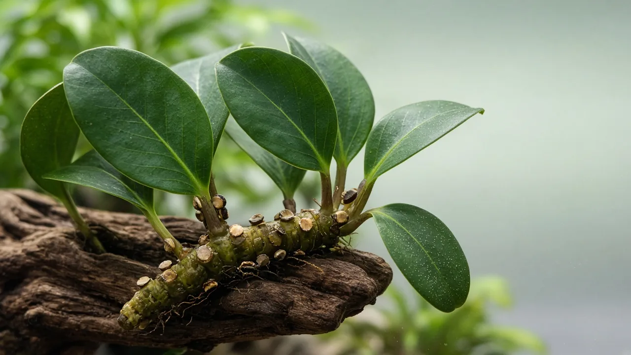 Scale insects on Anubias - tan bumps along the exposed rhizome and petiole bases