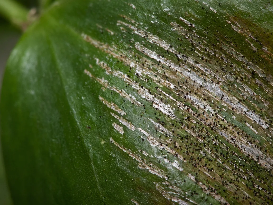 Close-up of silvery thrips damage on Anubias emersed leaf with tiny black frass specks