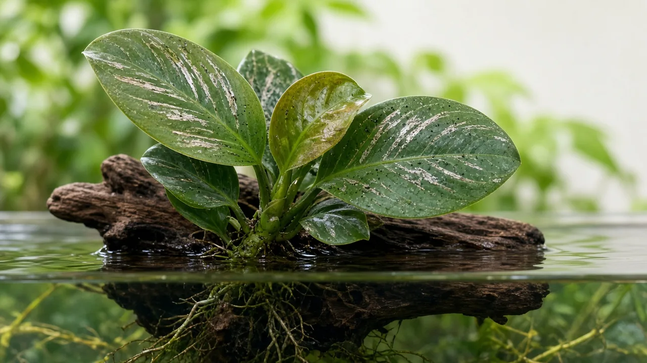 Thrips on Anubias - silvery streaks on emersed leathery leaf above waterline