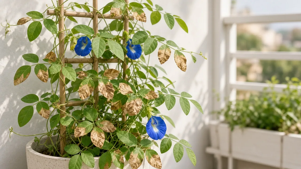 Brown Leaves on Aparajita - necrotic brown tissue on butterfly pea vine