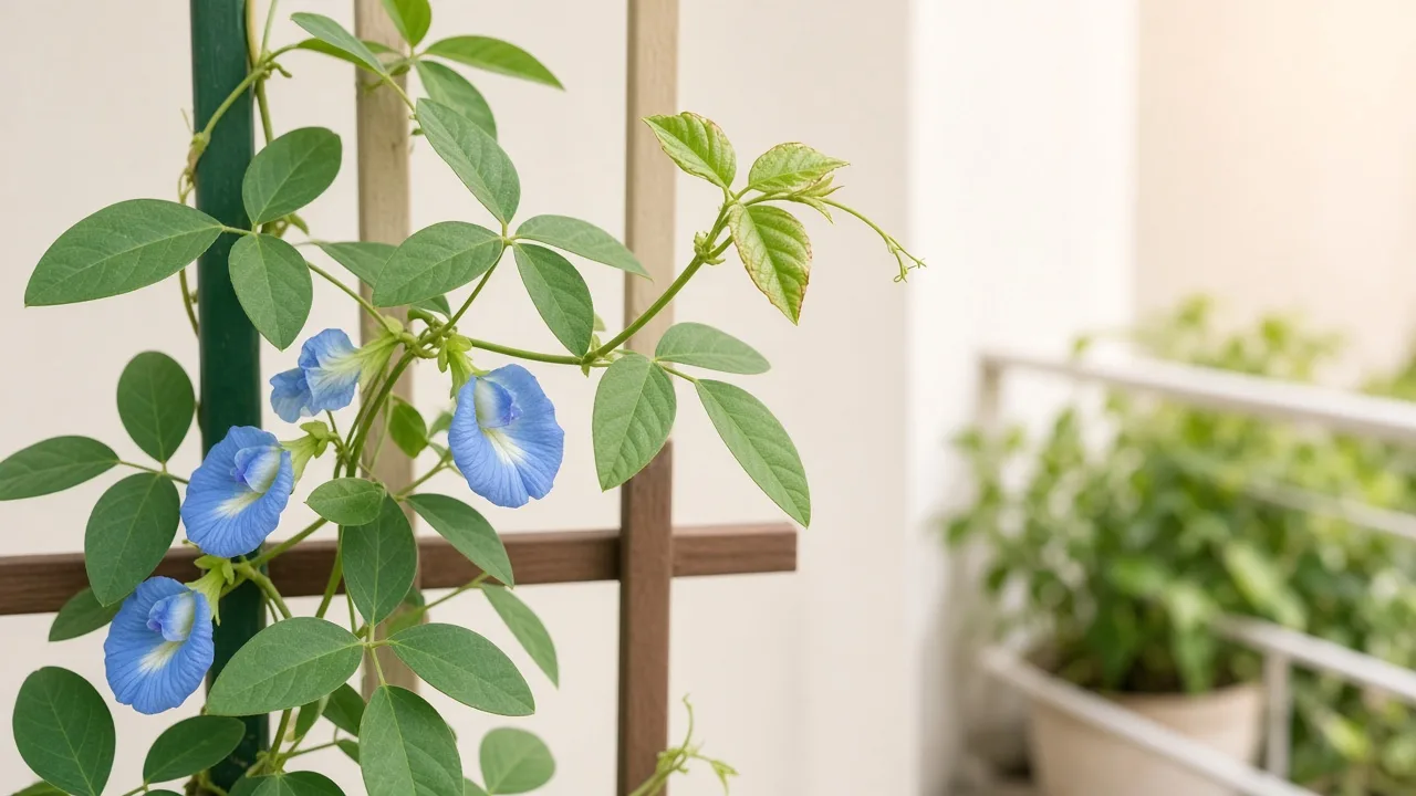 Calcium deficiency on Aparajita butterfly pea vine - cupped new trifoliate leaf at vine tip on balcony trellis