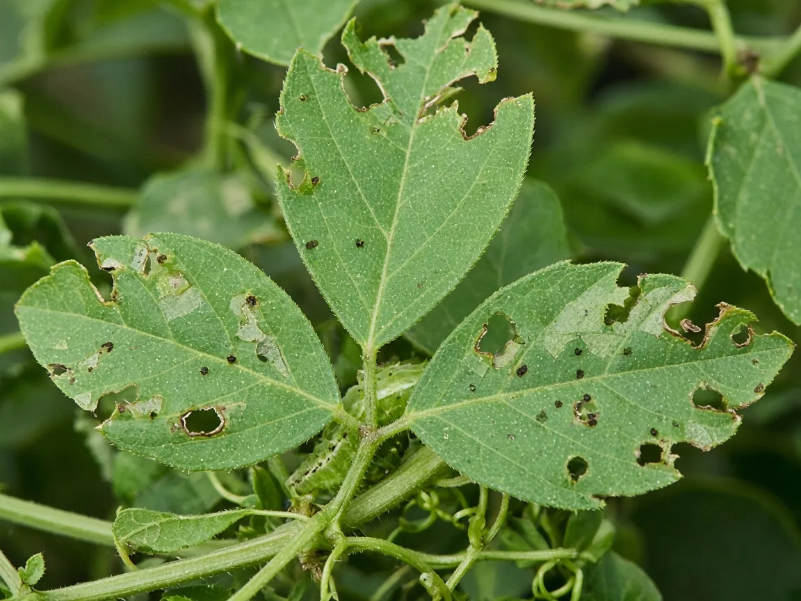 Close-up of caterpillar chew damage on Aparajita compound leaves